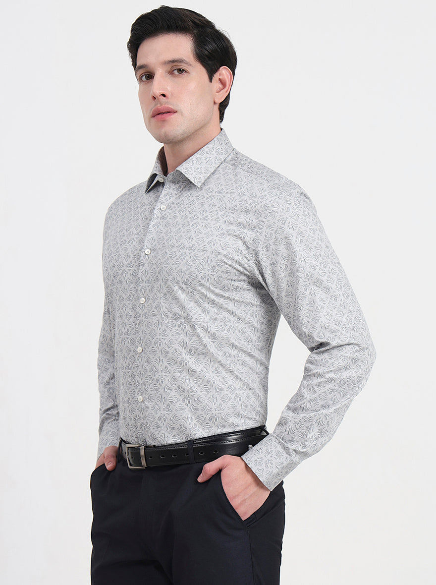 Grey & Black Printed Regular Fit Formal Shirt | JadeBlue