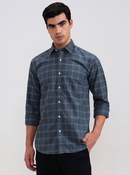 Green Checked Tailored Fit Semi Casual Shirt | JadeBlue