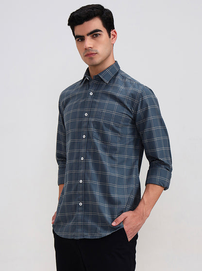 Green Checked Tailored Fit Semi Casual Shirt | JadeBlue