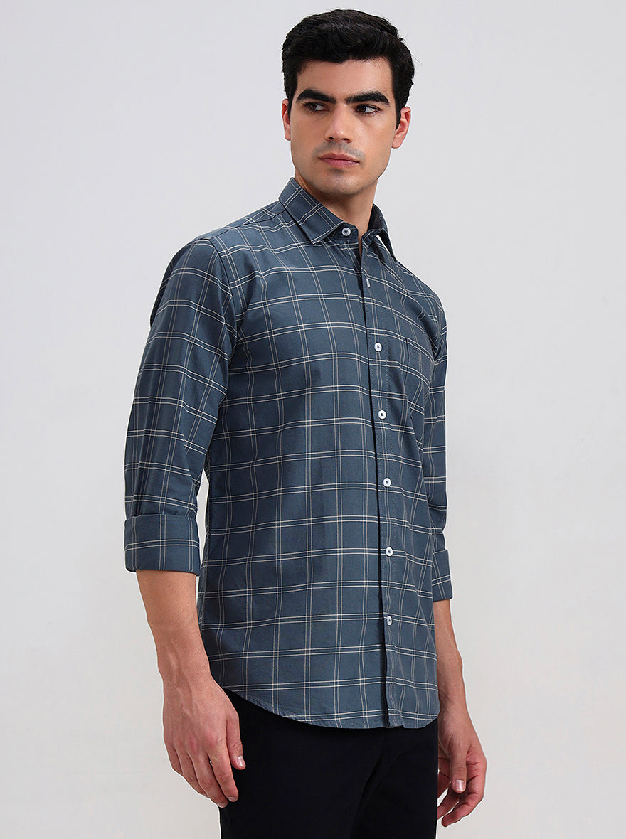 Green Checked Tailored Fit Semi Casual Shirt | JadeBlue