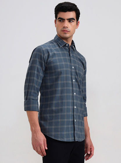 Green Checked Tailored Fit Semi Casual Shirt | JadeBlue