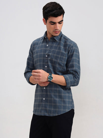 Green Checked Tailored Fit Semi Casual Shirt | JadeBlue