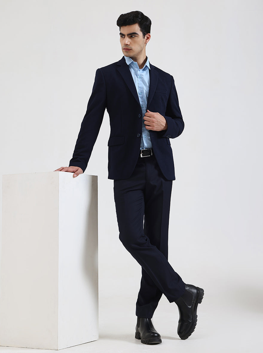 Blue Solid Regular Fit Blazer | Greenfibre
