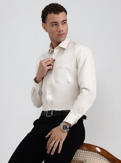 Cream Solid Slim Fit Formal Shirt | Metal