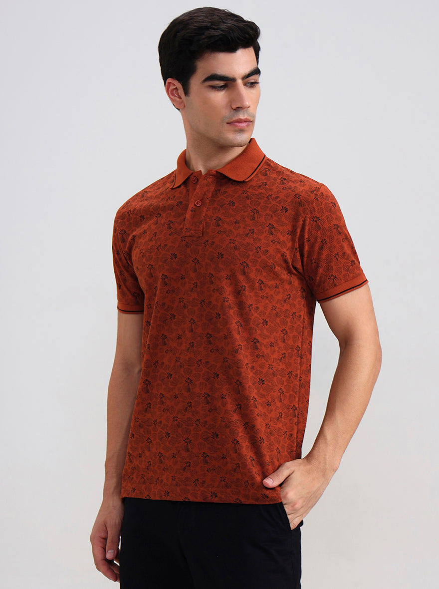 Rust Printed Slim Fit Polo T-Shirt | Greenfibre