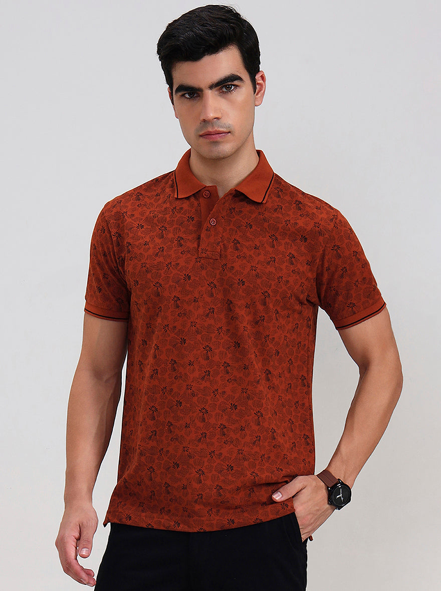 Rust Printed Slim Fit Polo T-Shirt | Greenfibre