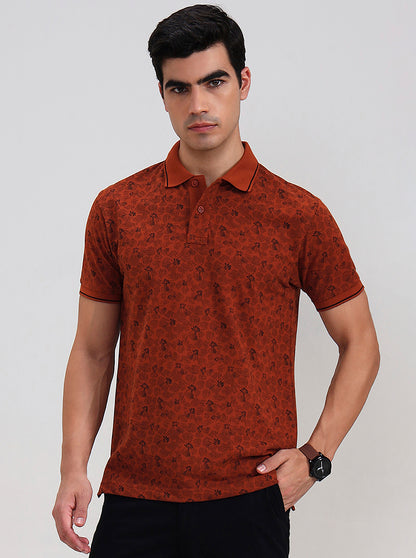 Rust Printed Slim Fit Polo T-Shirt | Greenfibre