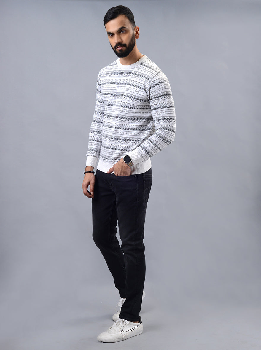 Grey Striped Slim Fit Winter T-Shirt | JadeBlue