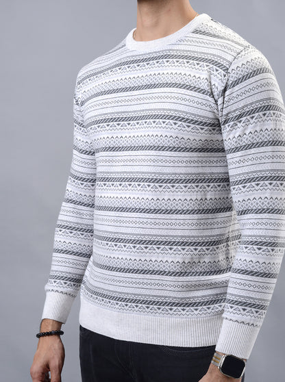 Grey Striped Slim Fit Winter T-Shirt | JadeBlue