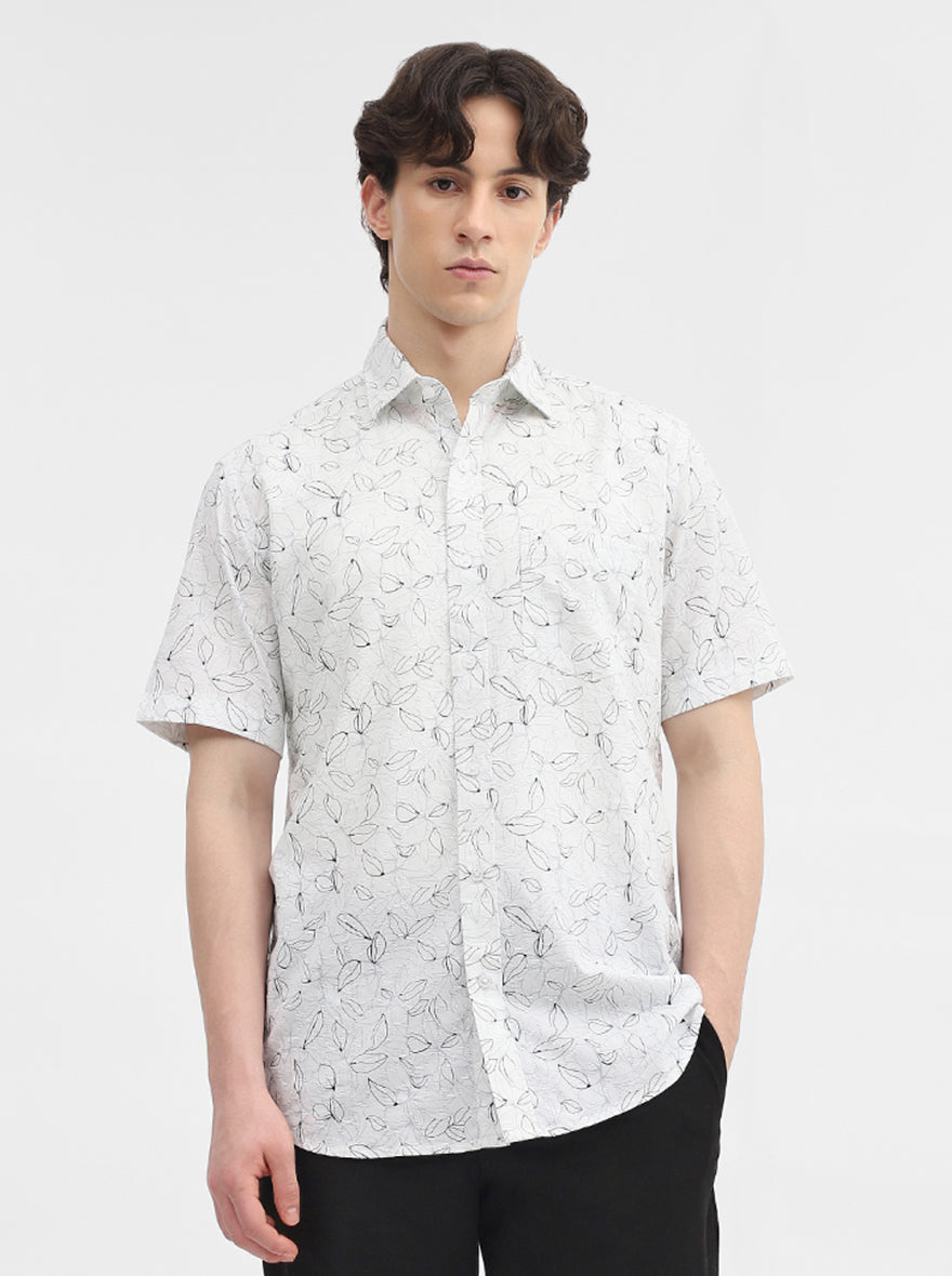 White Printed Slim Fit Semi Casual Shirt | JadeBlue