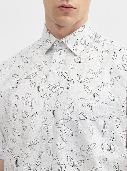 White Printed Slim Fit Semi Casual Shirt | JadeBlue