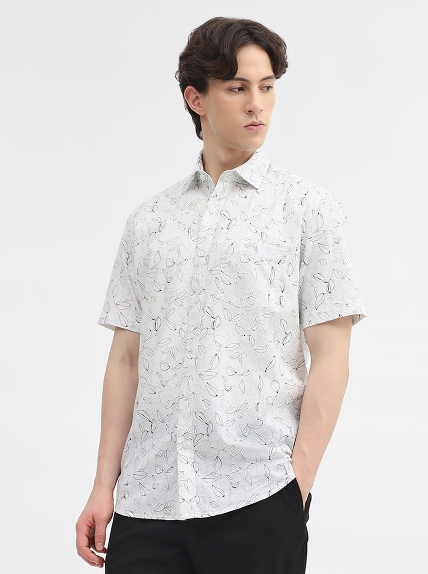 White Printed Slim Fit Semi Casual Shirt | JadeBlue