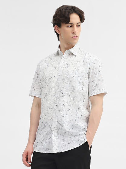 White Printed Slim Fit Semi Casual Shirt | JadeBlue