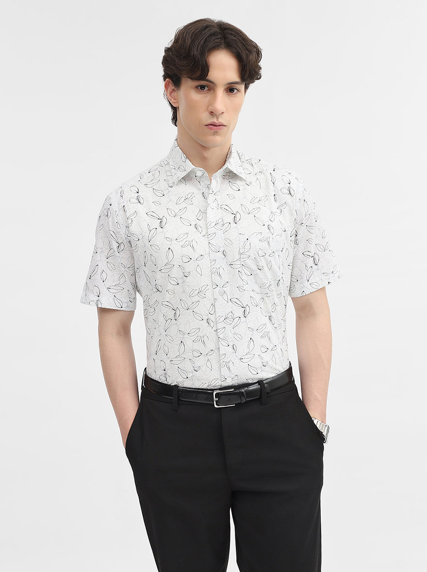 White Printed Slim Fit Semi Casual Shirt | JadeBlue