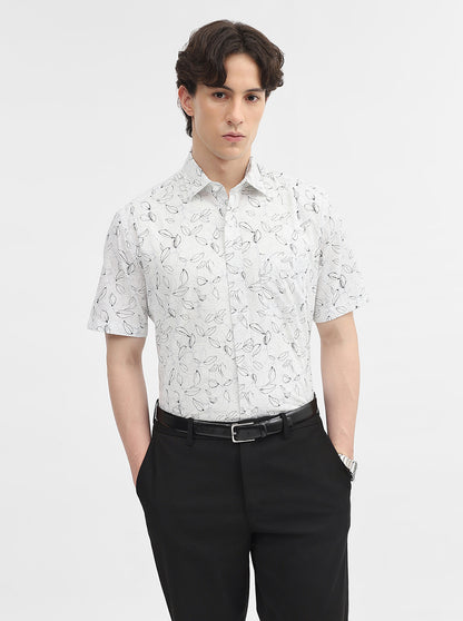 White Printed Slim Fit Semi Casual Shirt | JadeBlue