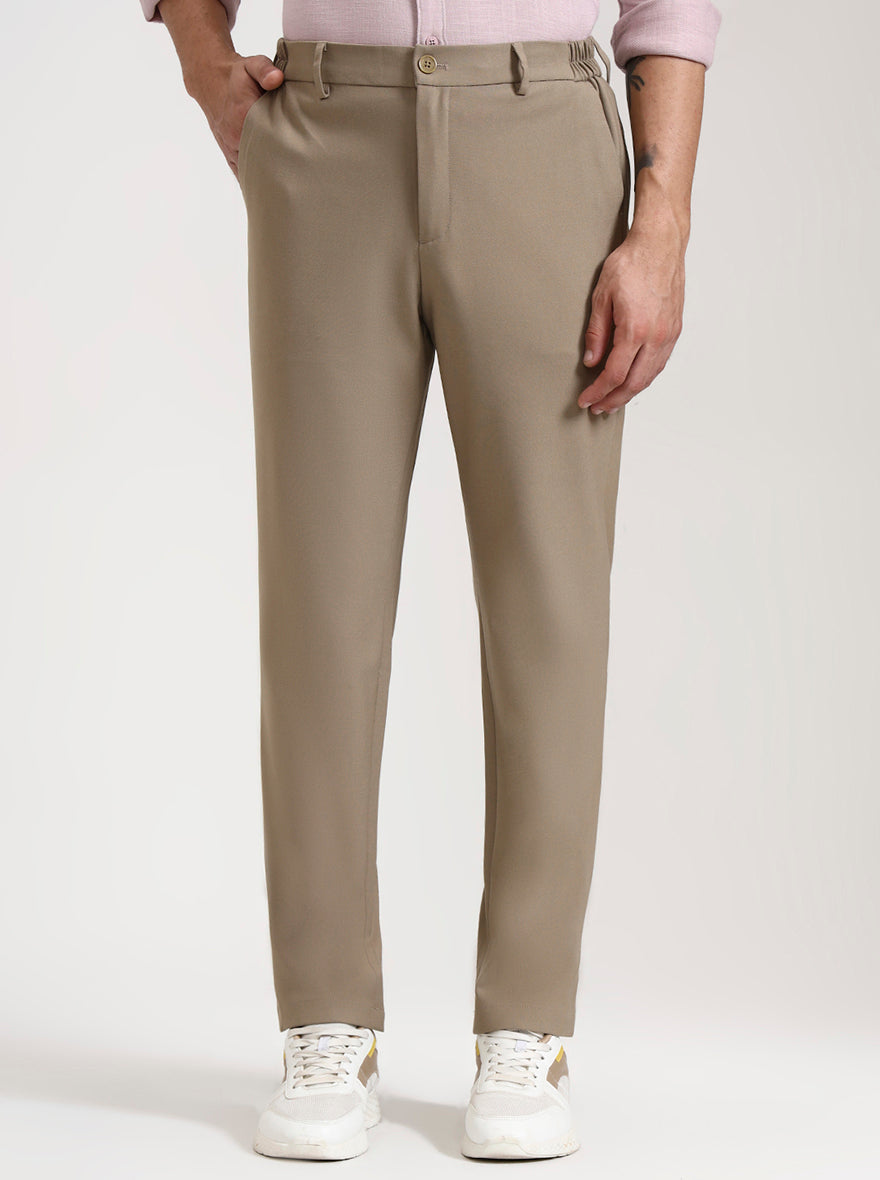 Beige Solid Slim Fit Casual Trouser | JadeBlue