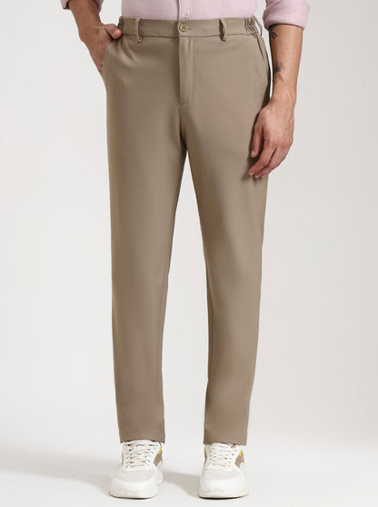 Beige Solid Slim Fit Casual Trouser | JadeBlue