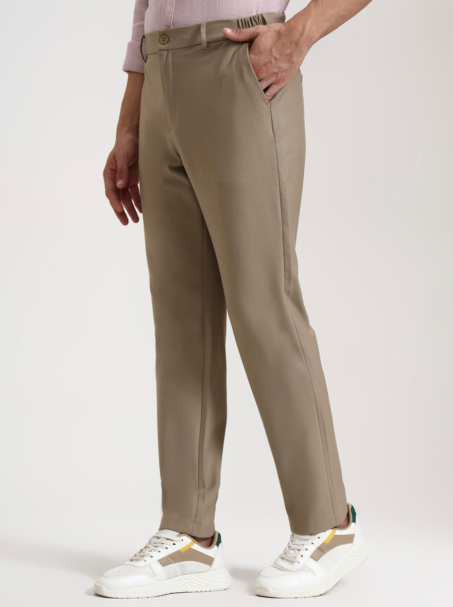 Beige Solid Slim Fit Casual Trouser | JadeBlue
