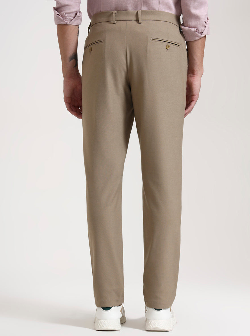 Beige Solid Slim Fit Casual Trouser | JadeBlue