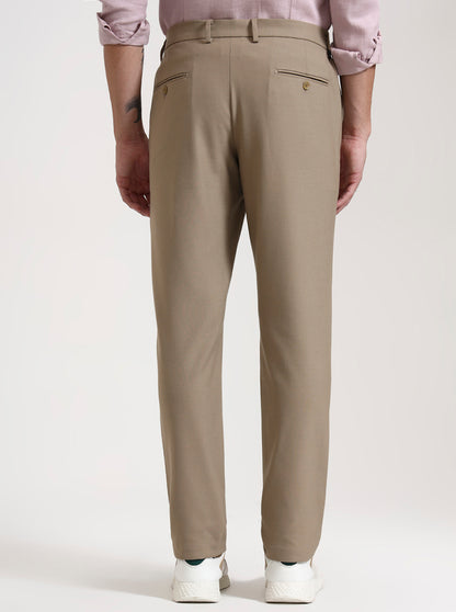 Beige Solid Slim Fit Casual Trouser | JadeBlue