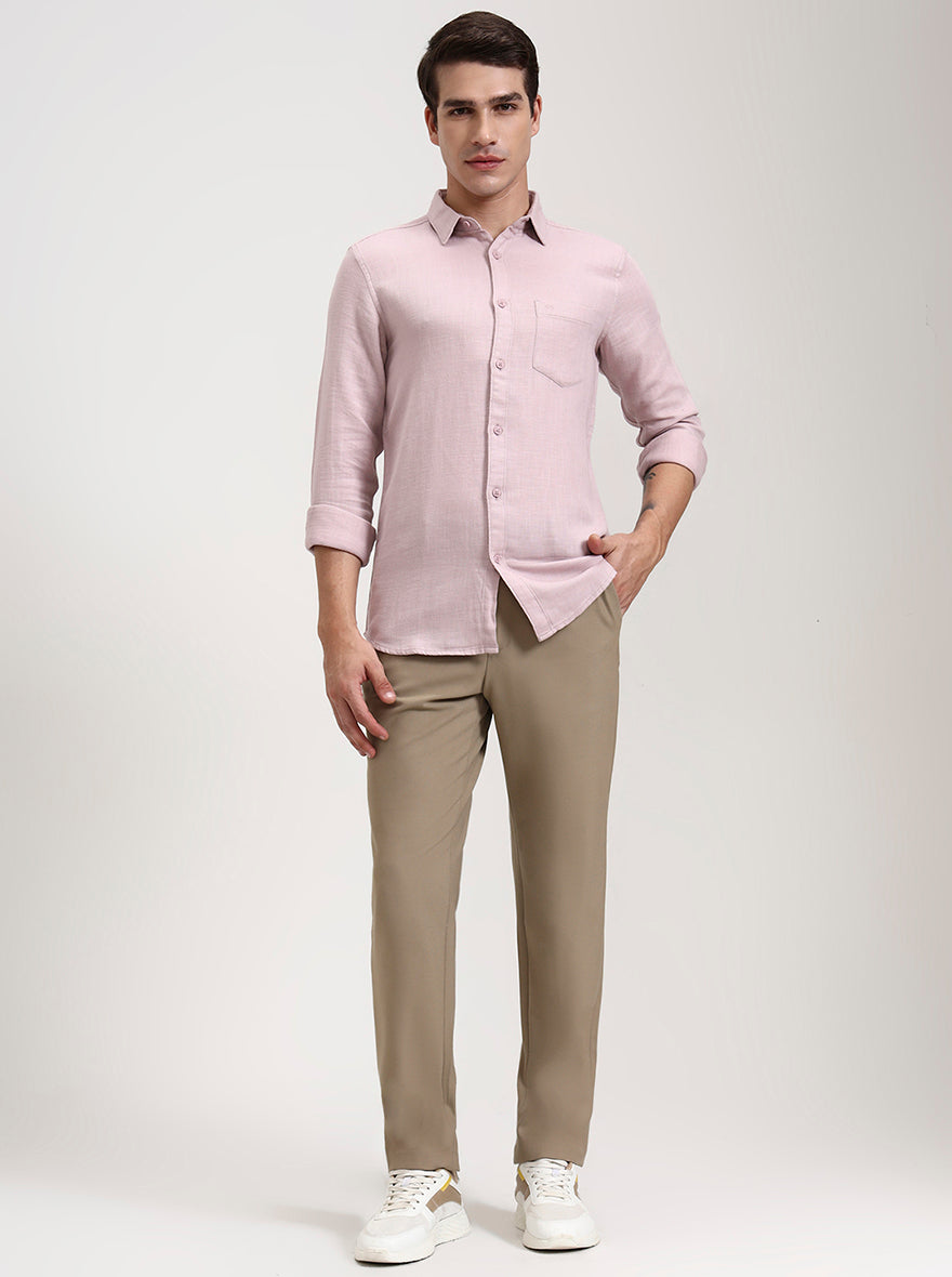 Beige Solid Slim Fit Casual Trouser | JadeBlue
