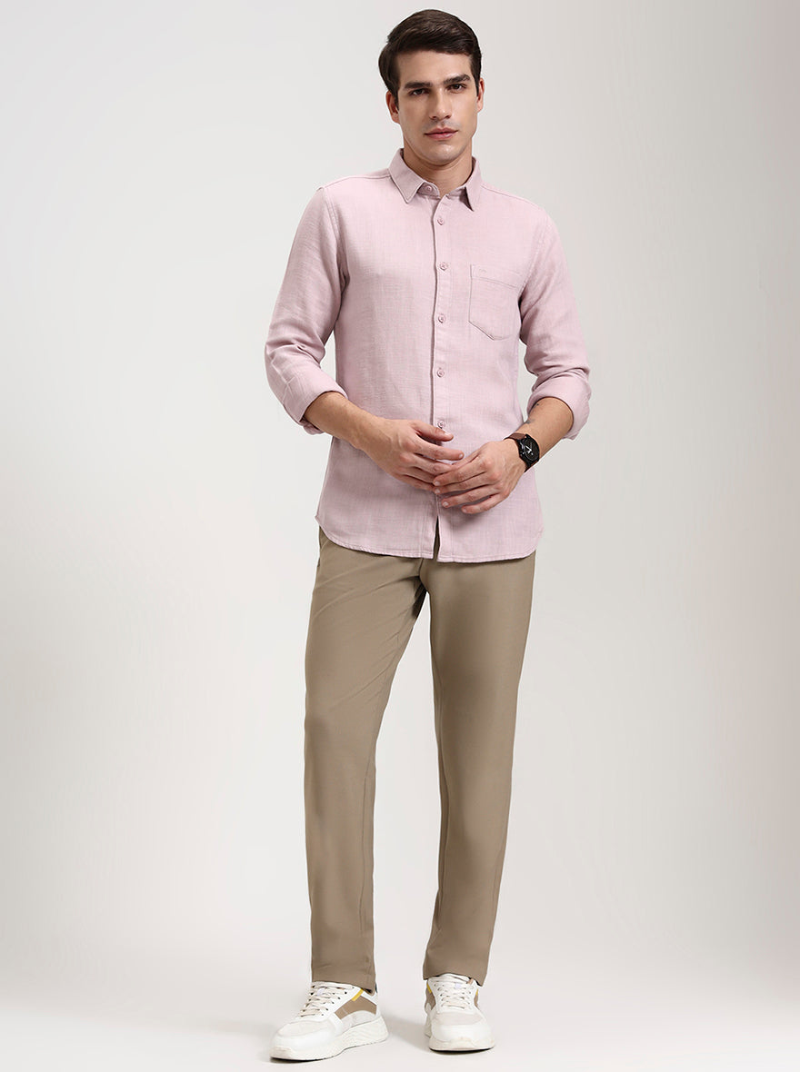 Beige Solid Slim Fit Casual Trouser | JadeBlue