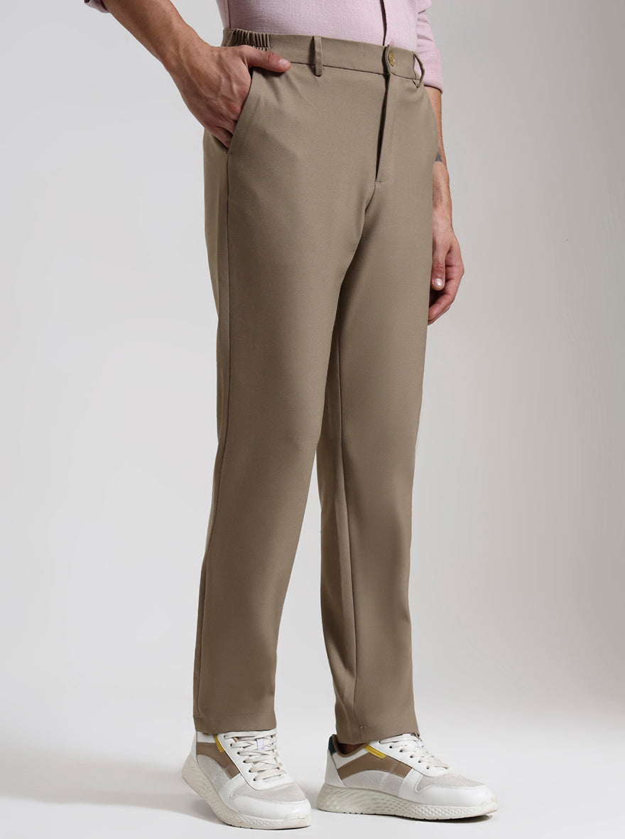 Beige Solid Slim Fit Casual Trouser | JadeBlue