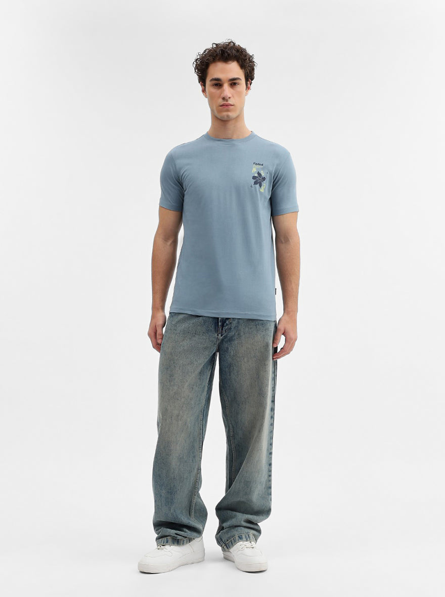 Grey Printed Slim Fit T-Shirt | Greenfibre