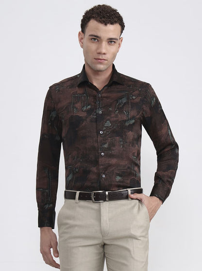 Brown Printed Slim Fit Formal Shirt | JadeBlue Super Luxe