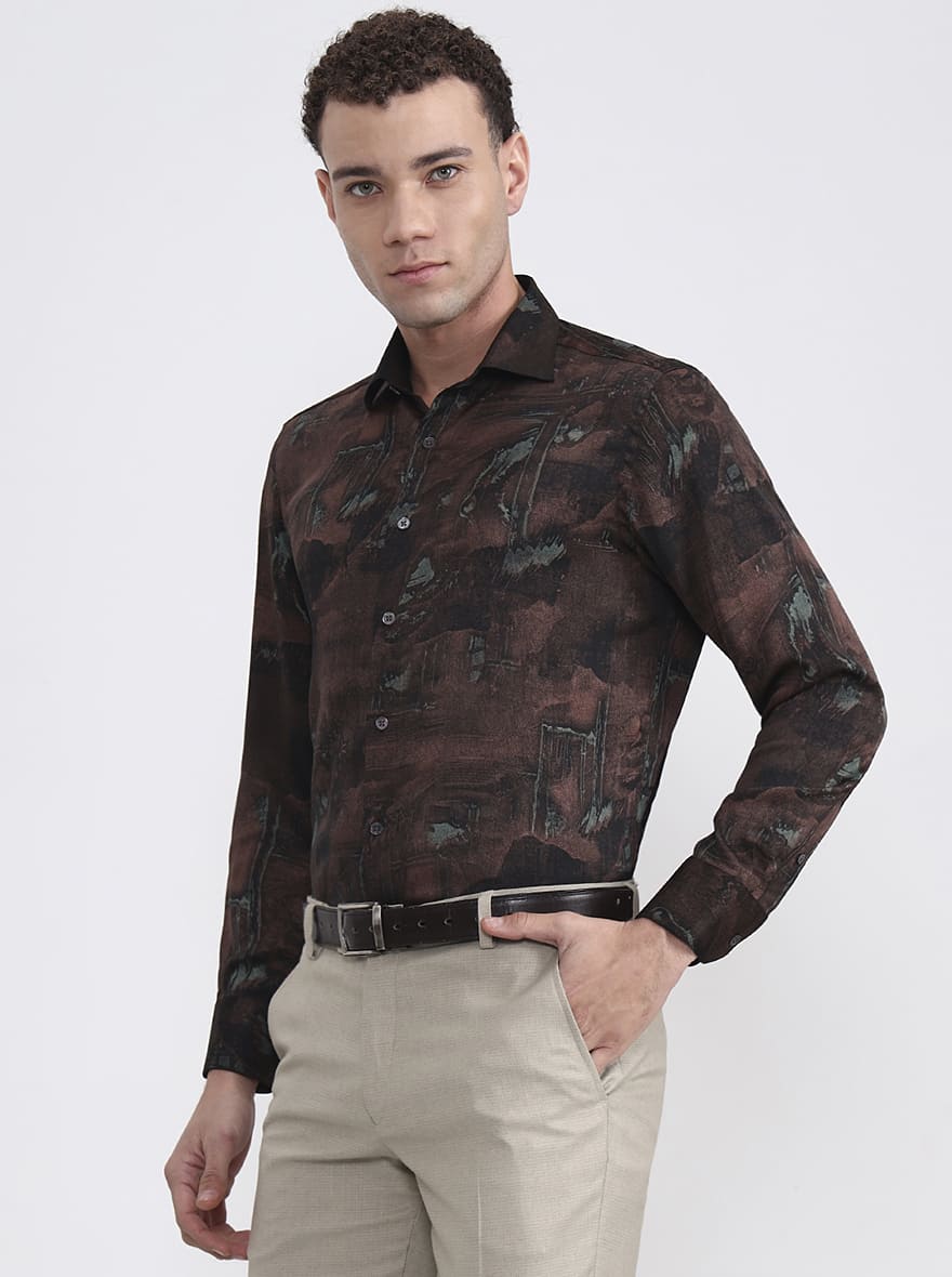 Brown Printed Slim Fit Formal Shirt | JadeBlue Super Luxe