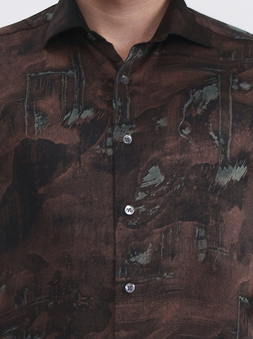 Brown Printed Slim Fit Formal Shirt | JadeBlue Super Luxe