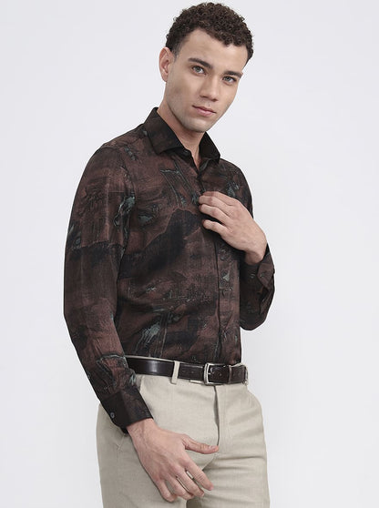 Brown Printed Slim Fit Formal Shirt | JadeBlue Super Luxe