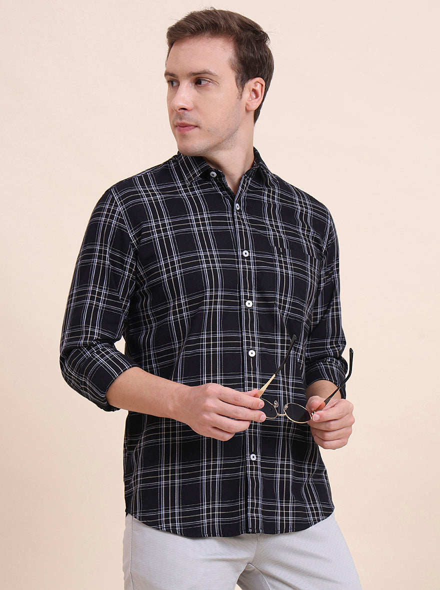 Black Checked Tailored Fit Semi Casual Shirt | JadeBlue