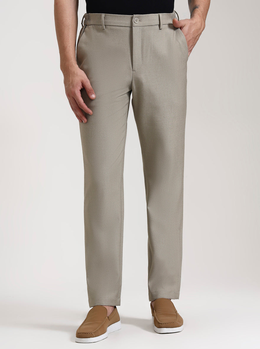 Beige Solid Slim Fit Casual Trouser | JadeBlue