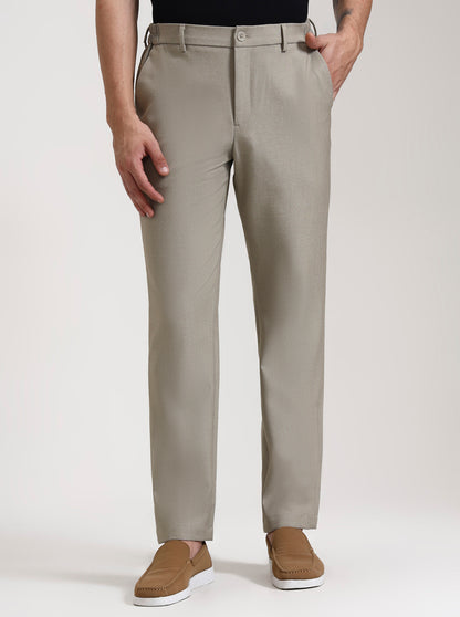 Beige Solid Slim Fit Casual Trouser | JadeBlue