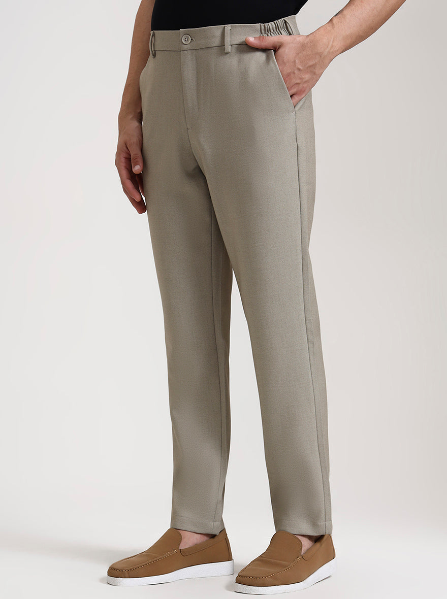 Beige Solid Slim Fit Casual Trouser | JadeBlue
