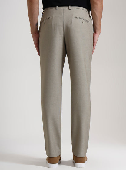 Beige Solid Slim Fit Casual Trouser | JadeBlue
