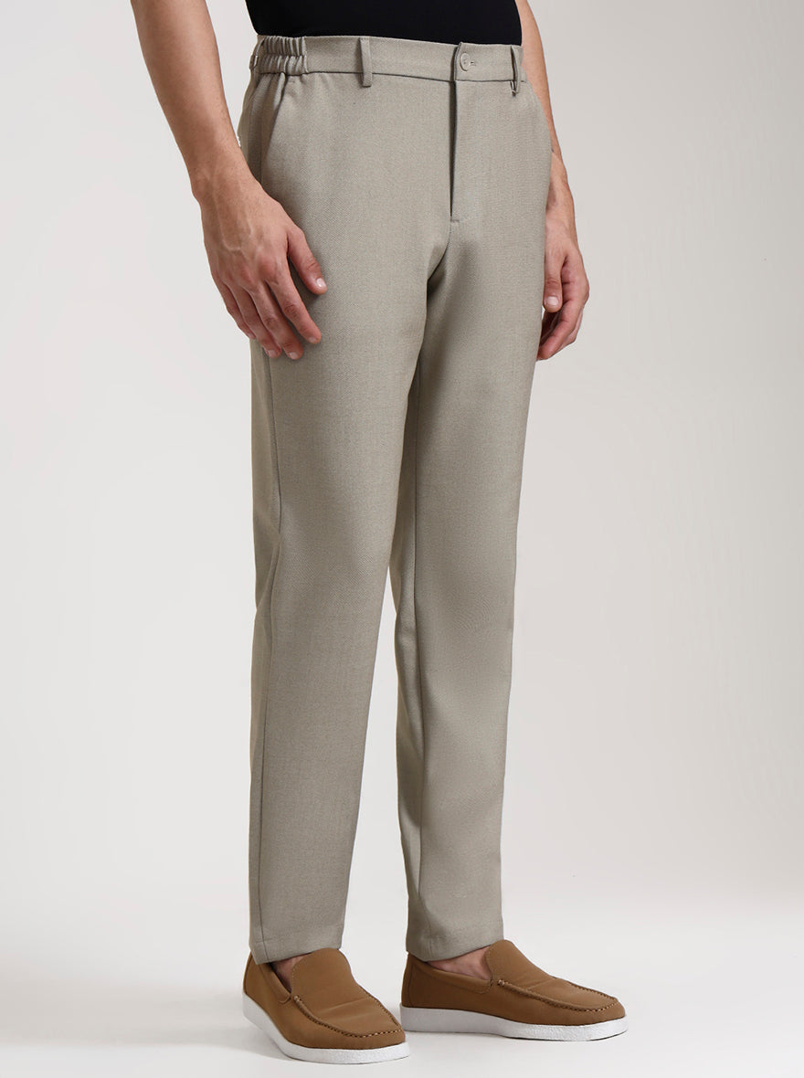 Beige Solid Slim Fit Casual Trouser | JadeBlue