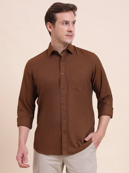 Brown Solid Tailored Fit Semi Casual Shirt | JadeBlue