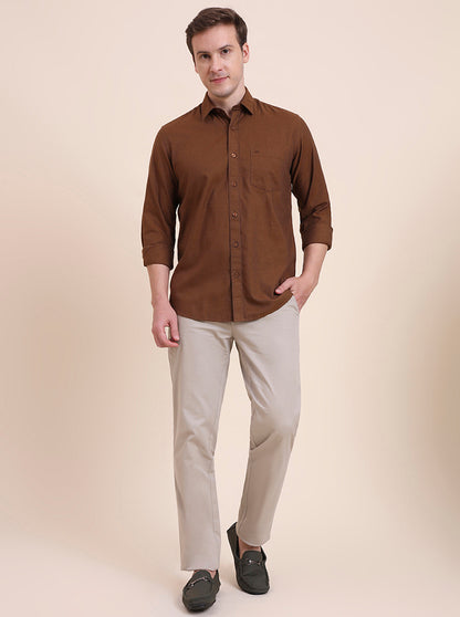 Brown Solid Tailored Fit Semi Casual Shirt | JadeBlue