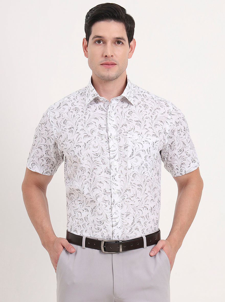 Grey & White Printed Regular Fit Formal Shirt | JadeBlue