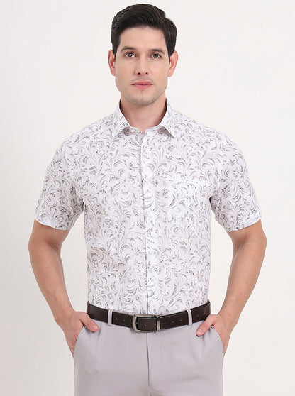 Grey & White Printed Regular Fit Formal Shirt | JadeBlue