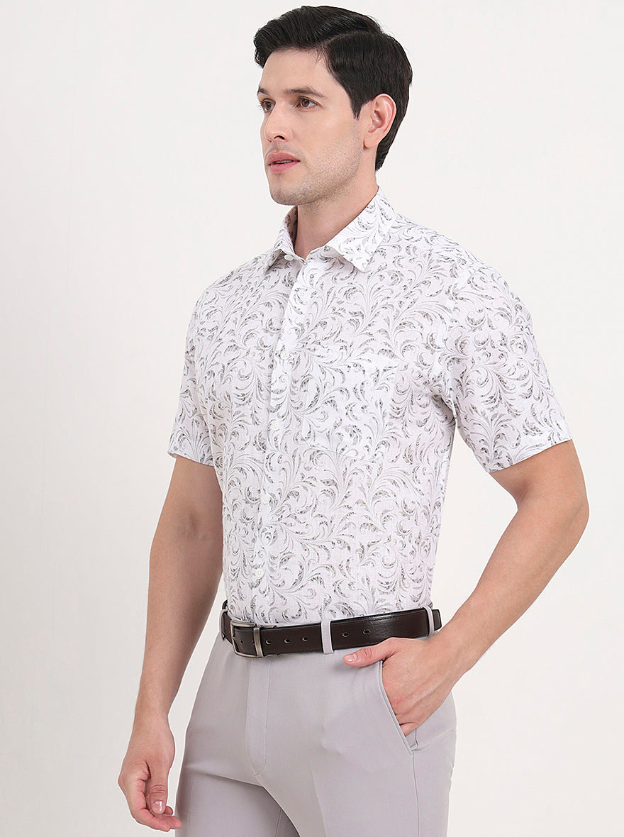 Grey & White Printed Regular Fit Formal Shirt | JadeBlue