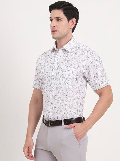 Grey & White Printed Regular Fit Formal Shirt | JadeBlue