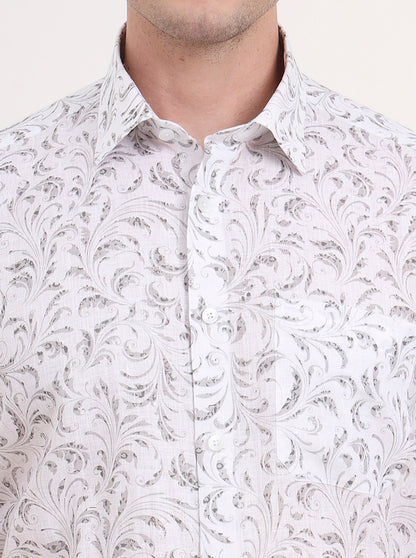 Grey & White Printed Regular Fit Formal Shirt | JadeBlue