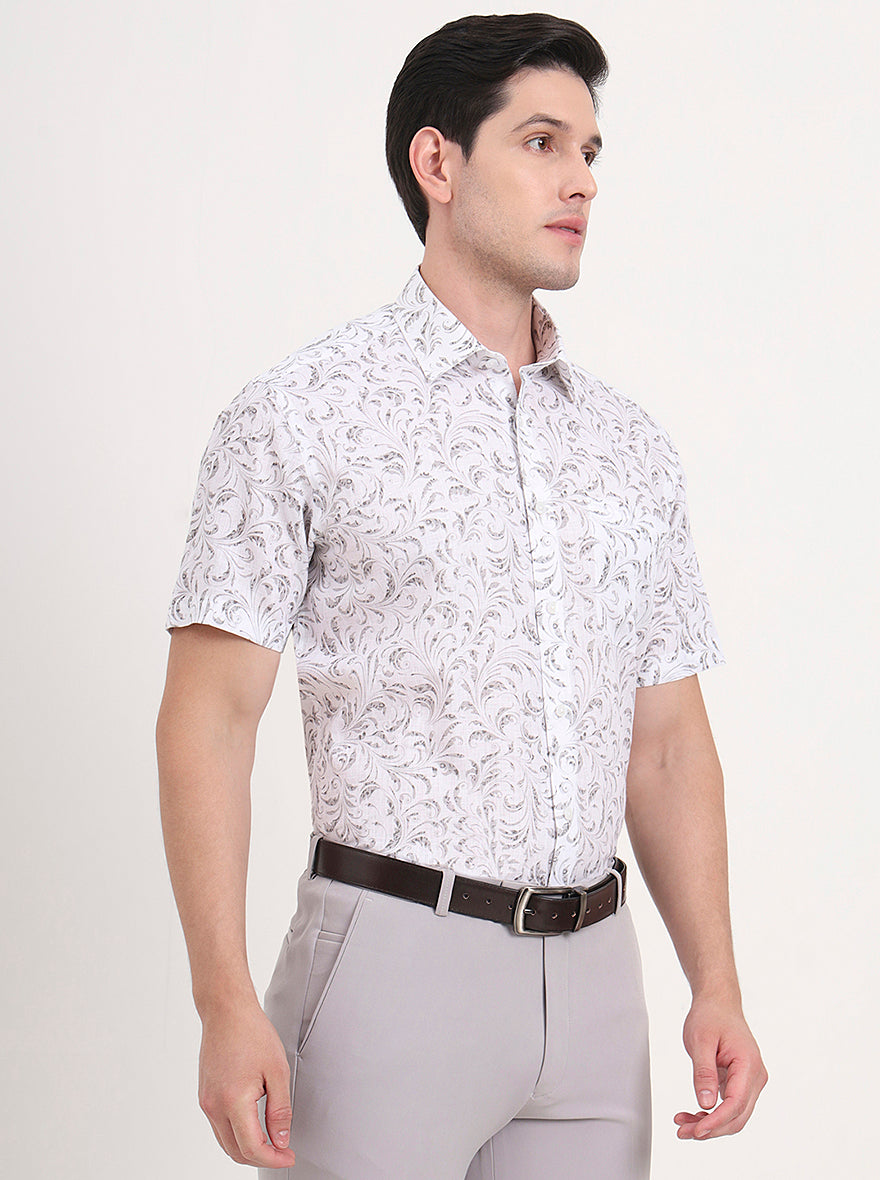Grey & White Printed Regular Fit Formal Shirt | JadeBlue