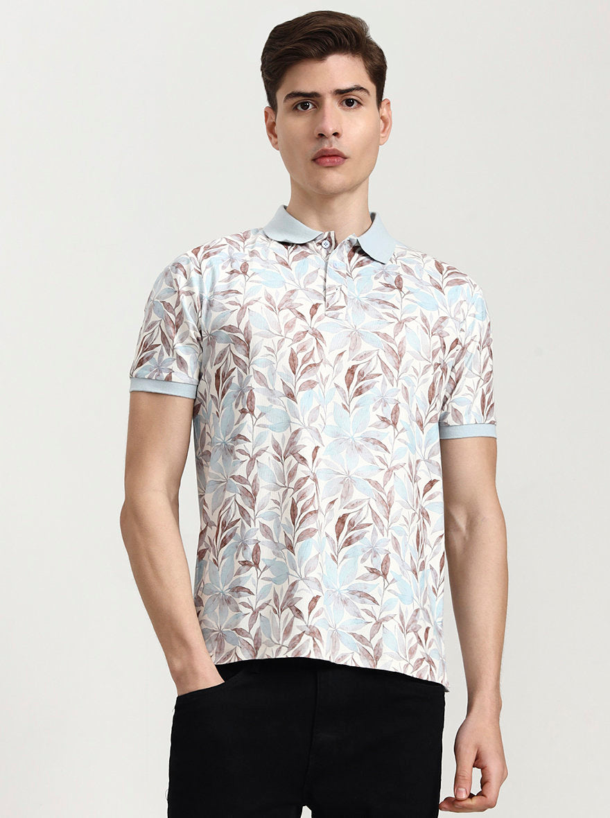 Sky Blue Printed Slim Fit Polo T-Shirt | JadeBlue