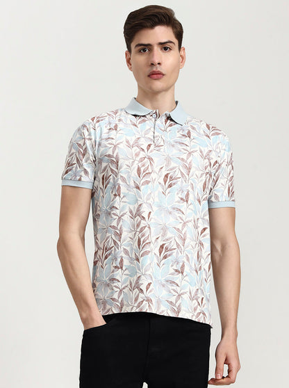 Sky Blue Printed Slim Fit Polo T-Shirt | JadeBlue
