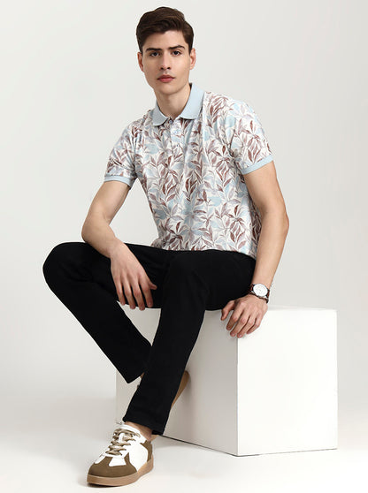 Sky Blue Printed Slim Fit Polo T-Shirt | JadeBlue
