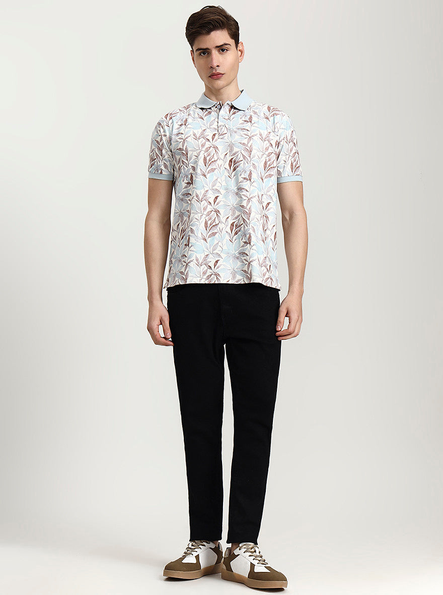 Sky Blue Printed Slim Fit Polo T-Shirt | JadeBlue